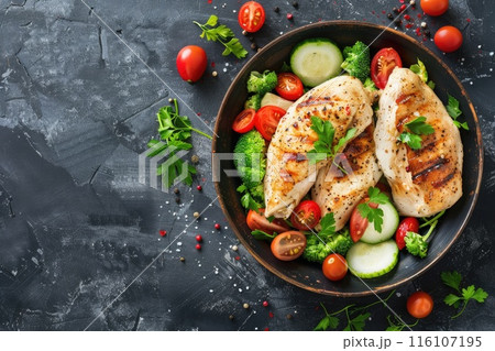 Fresh Grilled Chicken Salad with Vibrant Vegetables on Dark Background Fresh Grilled Chicken Salad with Vibrant Vegetables on Dark Background 116107195