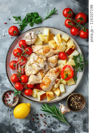 A freshly prepared grilled chicken salad with a colorful mix of greens A freshly prepared grilled chicken salad with a colorful mix of greens 116107196
