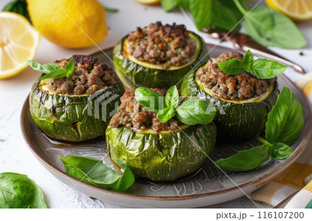 Colorful and appetizing stuffed zucchini rounds on a ceramic plate Colorful and appetizing stuffed zucchini rounds on a ceramic plate 116107200