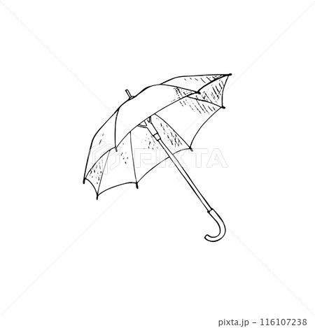 Hand-drawn umbrella sketch, isolated on white background. Closeup view. Opened umbrella. Hand-drawn umbrella sketch, isolated on white background. Closeup view. Opened umbrella. 116107238