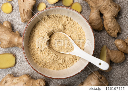 Ginger Powder, Ground Ginger Root, Top View. Ginger Powder, Ground Ginger Root, Top View. 116107325