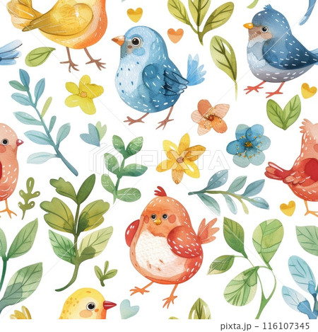 Whimsical Watercolor Birds and Blooms Seamless Pattern 116107345