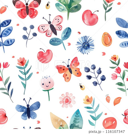 A seamless pattern of watercolor butterflies, flowers, and leaves 116107347