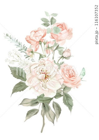 A delicate watercolor painting depicts a bouquet of assorted flowers 116107352