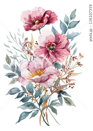 Elegant Watercolor Floral Bouquet with Pink Blossoms and Green Foliage 116107359
