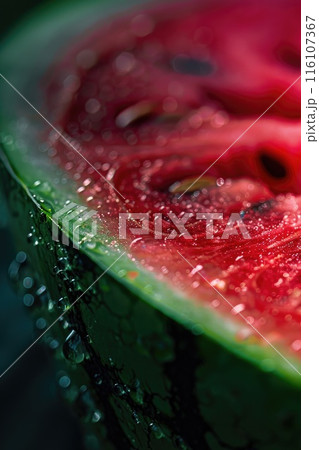 Vibrant Watermelon Slice Close-up with Glistening Juice Droplets 116107367