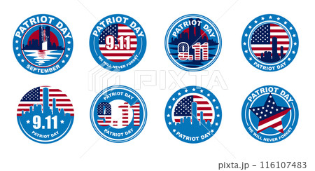 Set of various Patriot day in the USA graphic badges and labels icon. Vector in a white background 116107483