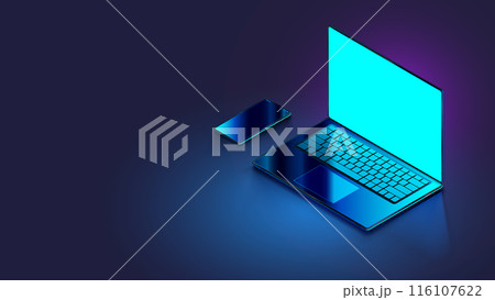 Laptop, phone on desk in dark with empty glowing screen. Isometric vector mockup laptop, smartphone on table. Mobile phone, notebook computer mock up with blank screen. Open laptop isometric view. 116107622