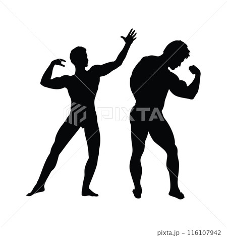 Muscular bodybuilder set vector silhouette illustration isolated on white background. Sport man strong arms. 116107942