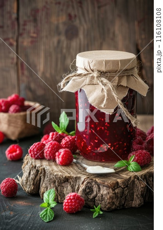 Homemade Raspberry Jam in Glass Jar on Rustic Wooden Background Homemade Raspberry Jam in Glass Jar on Rustic Wooden Background 116108108