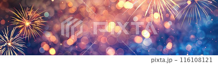 Golden Fireworks Celebration with Bokeh Lights Background Golden Fireworks Celebration with Bokeh Lights Background 116108121