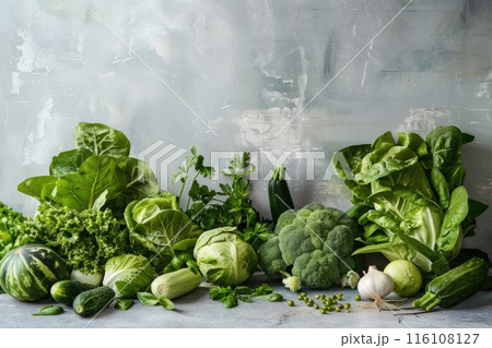 Fresh Green Vegetables Assortment on Calming Background Fresh Green Vegetables Assortment on Calming Background 116108127
