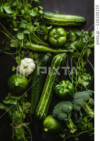 Fresh Green Vegetables Assortment on Dark Background - Healthy Organic Produce 116108155