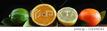 citrus fruits limes, oranges, and grapefruit segments arranged on a dark surface 116108161