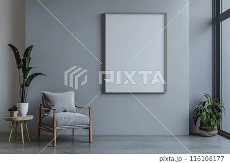 An elegant urban loft features a tall vase with dried foliage beside a blank canvas An elegant urban loft features a tall vase with dried foliage beside a blank canvas 116108177