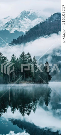 Misty Forest Reflection in Serene Mountain Lake 116108217