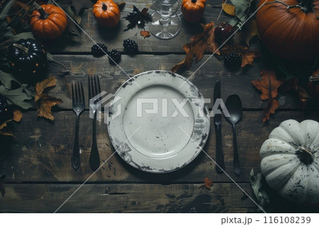 Autumn-Inspired Table Setting with Pumpkin Soup and Seasonal Decor 116108239