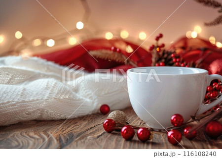 Cozy Winter Warmth: Mug, Pine Cones, and Twinkling Lights 116108240