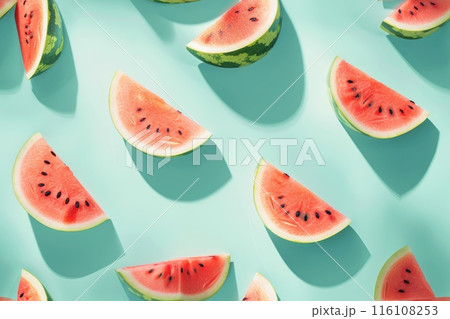 Fresh Watermelon Slices on a Vibrant Turquoise Background Fresh Watermelon Slices on a Vibrant Turquoise Background 116108253