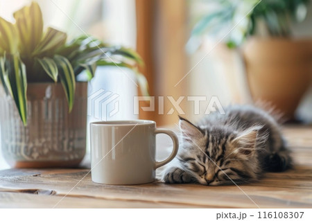 Cozy Kitten Slumbering Peacefully Beside Warm...のイラスト素材 [116108307] - PIXTA