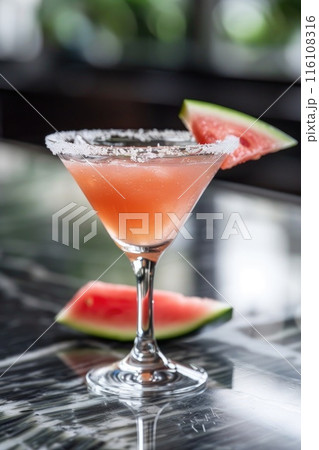 A refreshing watermelon cooler garnished with a juicy slice 116108316