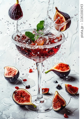 Refreshing Fig and Pomegranate Cocktail Splash on a Vibrant Background 116108343