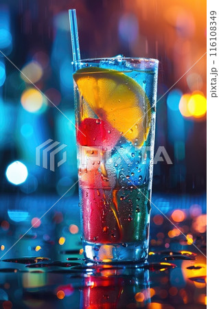 Colorful Cocktail with Orange Slice in Festive Bokeh Background 116108349