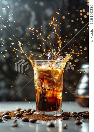 Captivating Splash in Creamy Coffee Cocktail with Ice Cubes 116108350