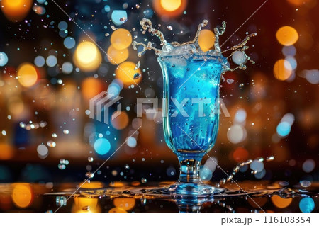 Vibrant Blue Cocktail Splash with Citrus Garnish in Bar Setting 116108354