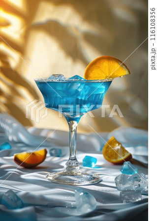 Vibrant Blue Lagoon Cocktail Garnished with Lemon on Textured Background Vibrant Blue Lagoon Cocktail Garnished with Lemon on Textured Background 116108356