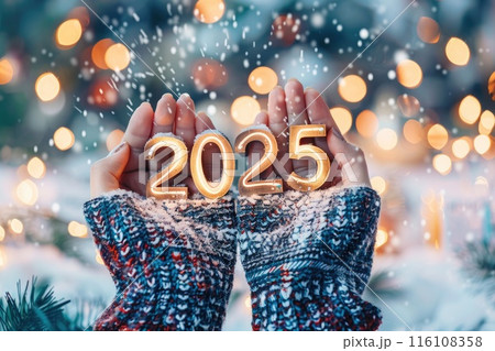 Festive 2025 New Year Celebration with Sparkling Sign and Warm Illumination Festive 2025 New Year Celebration with Sparkling Sign and Warm Illumination 116108358
