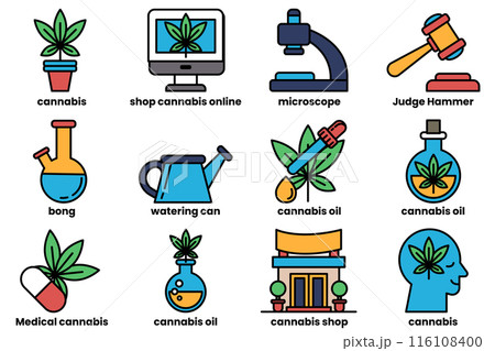 A set of icons for various cannabis-related items, including a judge hammer 116108400