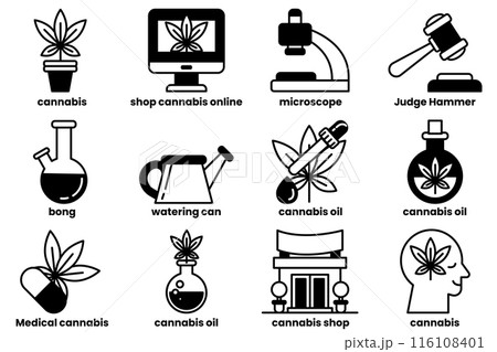 A set of icons for various cannabis-related items, including a judge hammer A set of icons for various cannabis-related items, including a judge hammer 116108401