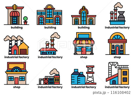 The image is a collection of different buildings, including a factory, a shop The image is a collection of different buildings, including a factory, a shop 116108402