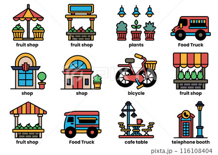 A series of black and white icons of various businesses, including a fruit shop A series of black and white icons of various businesses, including a fruit shop 116108404