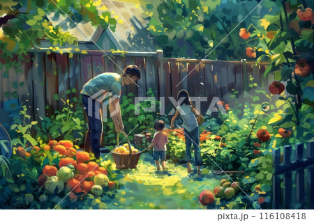 A family gathers in their backyard, joyfully harvesting vegetables from their home garden, the scene is filled with togetherness, the rewards of homegrown produce, regenerative instead of sustainable 116108418