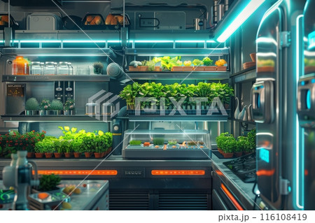 Experience a small indoor hydroponic system thriving with fresh lettuce and herbs. This innovative setup uses nutrient-rich water to cultivate flavorful greens, regenerative instead of sustainable 116108419