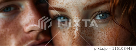 In a close-up shot, a freckled girl and a guy share a moment, their expressions and freckles vividly detailed, reflecting their bond and individuality, banner 116108448