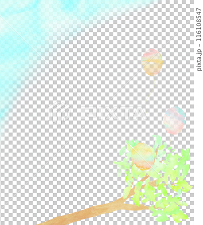 慶祝框架描繪了掛在樹枝上的氣球飛向藍天的情景。水彩插圖。 116108547