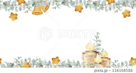 Candle, eucalyptus laurel branches leaves, gold star baubles. Watercolor hand drawn illustration, seamless banner isolated on white. Xmas, happy new year festive navidad. Cards, gifts, florist shop. 116108588