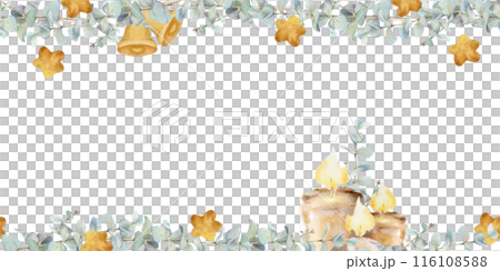 Candle, eucalyptus laurel branches leaves, gold star baubles. Watercolor hand drawn illustration, seamless banner isolated on white. Xmas, happy new year festive navidad. Cards, gifts, florist shop. 116108588