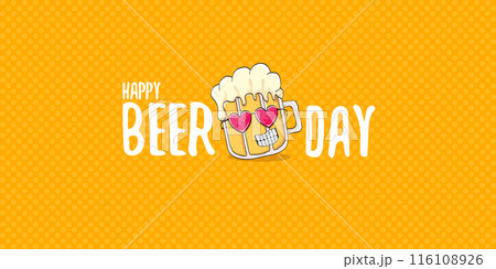 International beer day horizontal banner or summer poster with vector funky beer character isolated on yellow beer background. Vector Cartoon funny International beer day label and poster 116108926