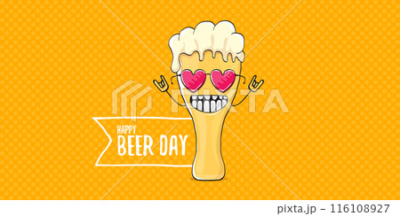 International beer day horizontal banner or summer poster with vector funky beer character isolated on yellow beer background. Vector Cartoon funny International beer day label and poster International beer day horizontal banner or summer poster with vector funky beer character isolated on yellow beer background. Vector Cartoon funny International beer day label and poster 116108927