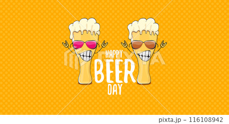 International beer day horizontal banner or summer poster with vector funky beer character isolated on yellow beer background. Vector Cartoon funny International beer day label and poster International beer day horizontal banner or summer poster with vector funky beer character isolated on yellow beer background. Vector Cartoon funny International beer day label and poster 116108942