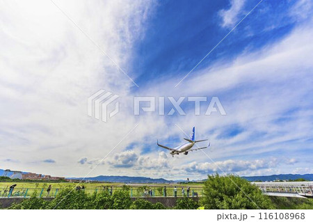 夏の大阪空港（伊丹空港）　着陸中の飛行機とギャラリー　大阪府豊中市 116108968