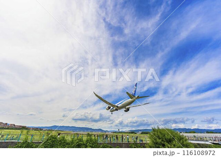 夏の大阪空港（伊丹空港）　着陸中の飛行機とギャラリー　大阪府豊中市 116108972