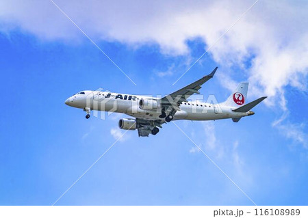 夏の大阪空港（伊丹空港）　着陸中の飛行機　大阪府豊中市 116108989