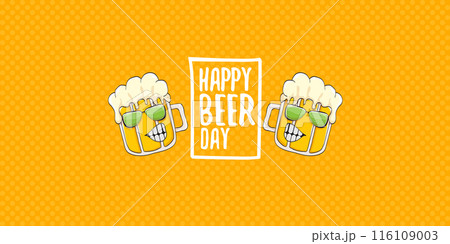 International beer day horizontal banner or summer poster with vector funky beer character isolated on yellow beer background. Vector Cartoon funny International beer day label and poster 116109003