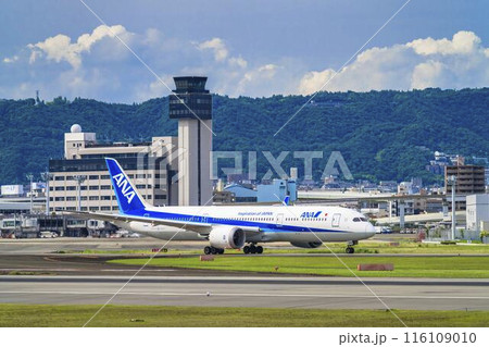 夏の大阪空港（伊丹空港）　タキシング中の飛行機　大阪府豊中市 116109010