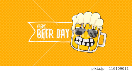 International beer day horizontal banner or summer poster with vector funky beer character isolated on yellow beer background. Vector Cartoon funny International beer day label and poster 116109011
